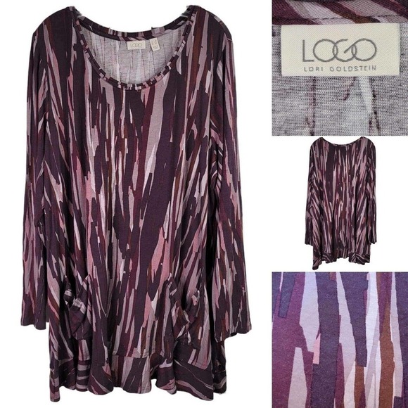 LOGO by Lori Goldstein Women's 3X Purple Striped Long Sleeve Scoop Neck Knit Top - Picture 1 of 9